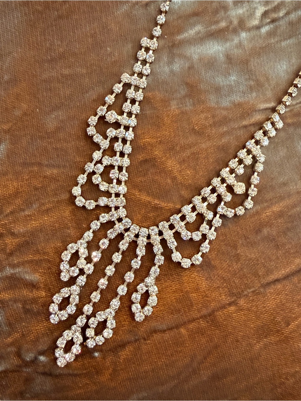 Clear Rhinestone Scrolled Bib Necklace Cascade Statement Gold Tone Bridal 758